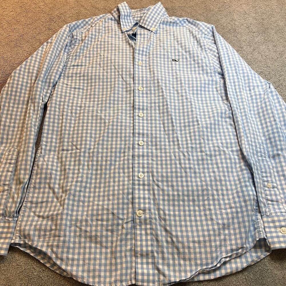 Vineyard Vines Slim Fit Whale Shirt Mens Small S Light Blue Gingham Button Down